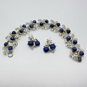 Coro Vintage Blue Moonglow Thermoset Bracelet Clip Earrings Sz 7.25 Silver Tone